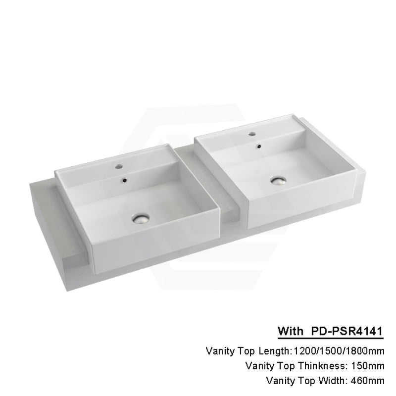 150Mm Gloss White Canvas Stone Top Calacatta Quartz With Semi-Recessed Basin 1200X460Mm Double Bowls