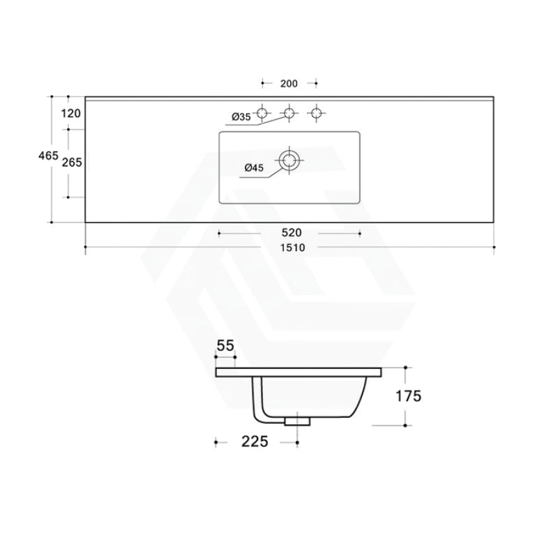 1510X465X175Mm Ceramic Top For Bathroom Vanity Single Bowl 1 Or 3 Tap Holes Available Gloss White