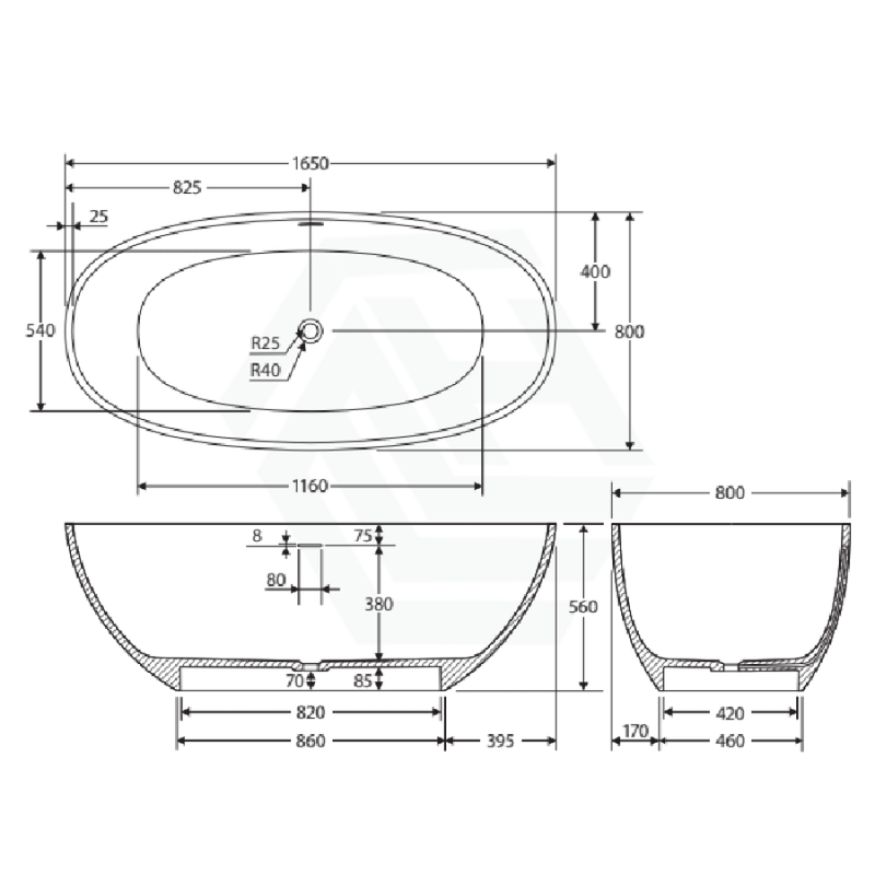 1550/1650Mm Fienza Sasso Oval Freestanding Bathtub Stone Matt White Integrated Overflow Bathtubs