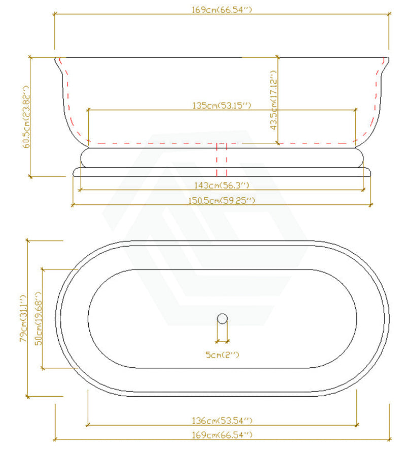 1690X790X610Mm Chloe Freestanding Bathtub Gloss White Oval Acrylic No Overflow