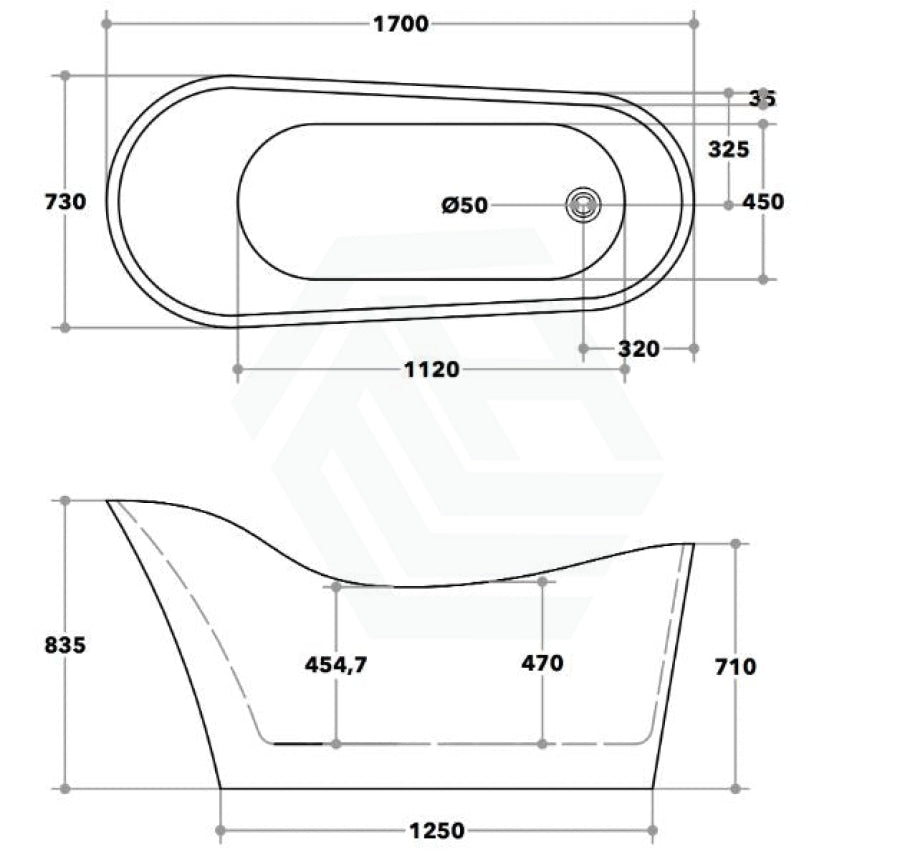 1700X730X835Mm Bevel Freestanding Acrylic Gloss Black & White Bathtub Special Shape No Overflow