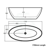 1700X800X580mm Fanta Oval Bathtub Freestanding Acrylic Gloss White Overflow
