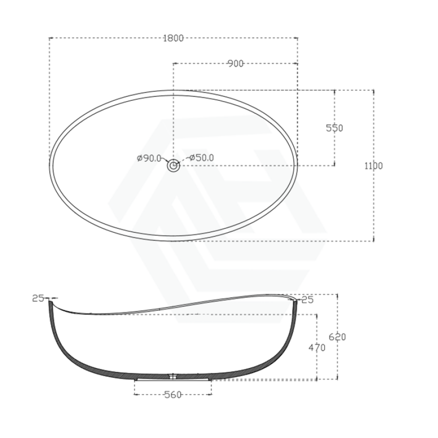 1800mm Wave Freestanding Bathtub Matt White NO Overflow