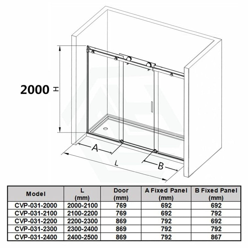 2000-2500Mm Shower Screen Wall To Sliding Door Chrome Stainless Steel Frameless 3 Panels 2000Mm