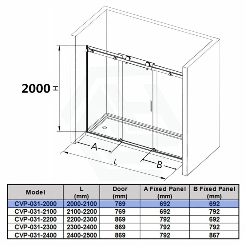 2000-2500X2000Mm Frameless Shower Screen Wall To Sliding Door Black Frame And Roller 10Mm Glass 3