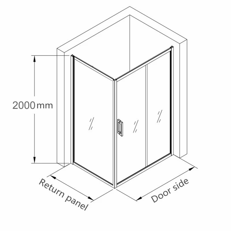 1000-1750x2000mm L Shape Shower Screen Sliding Door Matt Black Semi-frameless 6mm Glass with Return Panel