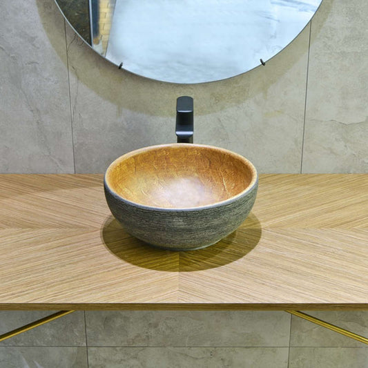 340X340X140Mm Round Porcelain Above Counter Basin Bathroom Wash Art Pumpkin&green Exterior