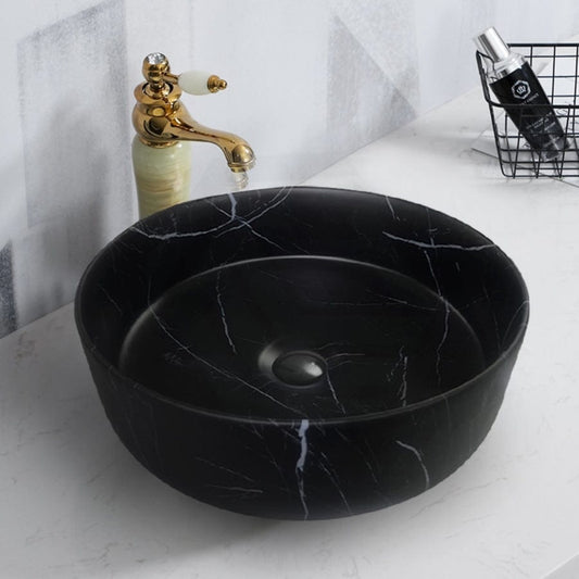 355X355X120Mm Bathroom Wash Basin Round Above Counter Matt Black Marble Surface Ceramic