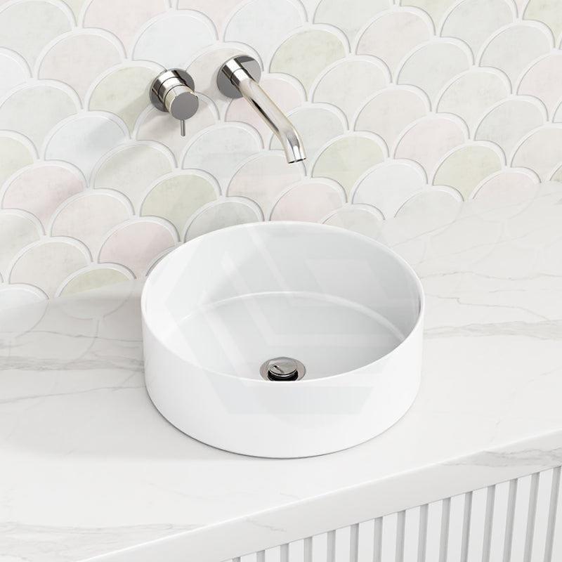355X355X120Mm Round Gloss White Ceramic Above Counter Wash Basin Ultra Slim Basins