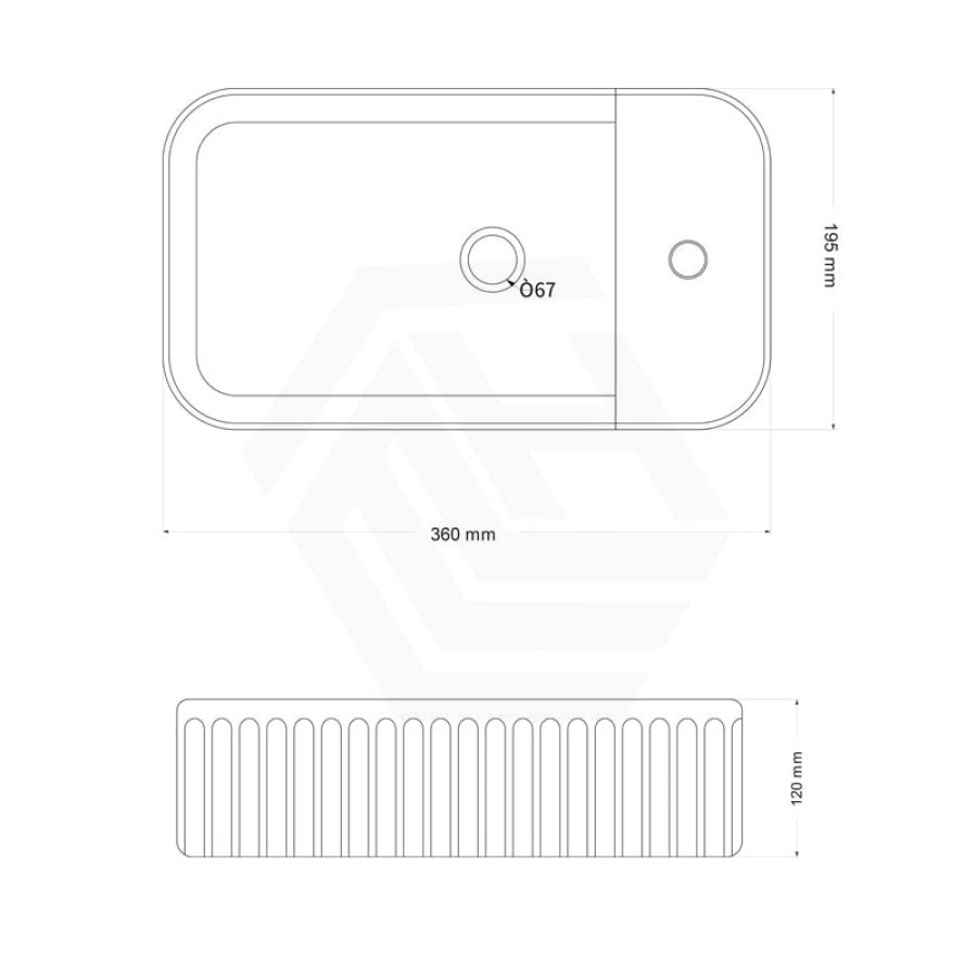 360X195X120Mm Fluted Rectangle Gloss White Above Counter Basin Ceramic With Tap Hole Basins