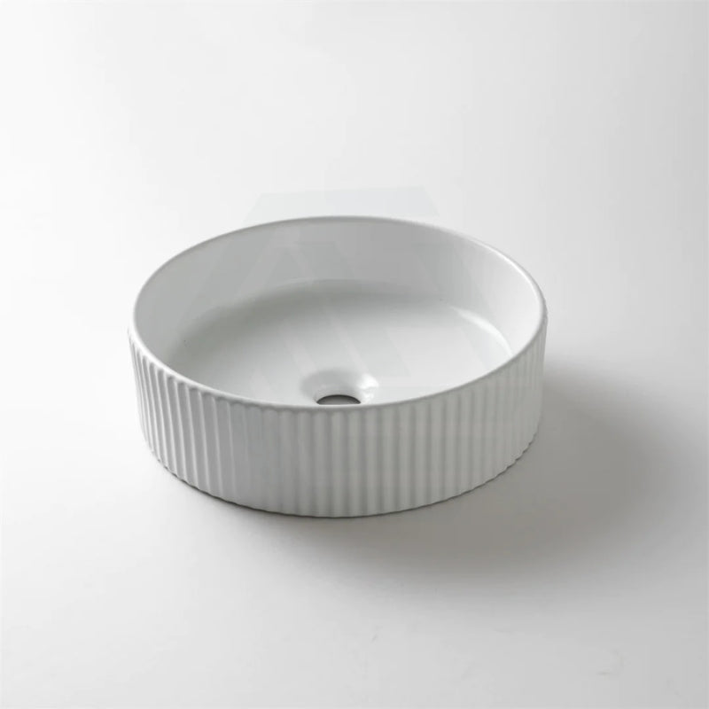360X360X115Mm Round Bellevue Fluted Above Counter Ceramic Basin Gloss White Basins