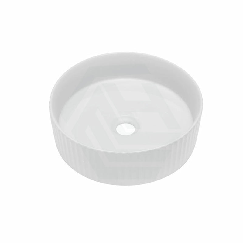 360X360X115Mm Round Bellevue Fluted Above Counter Ceramic Basin Gloss White Basins