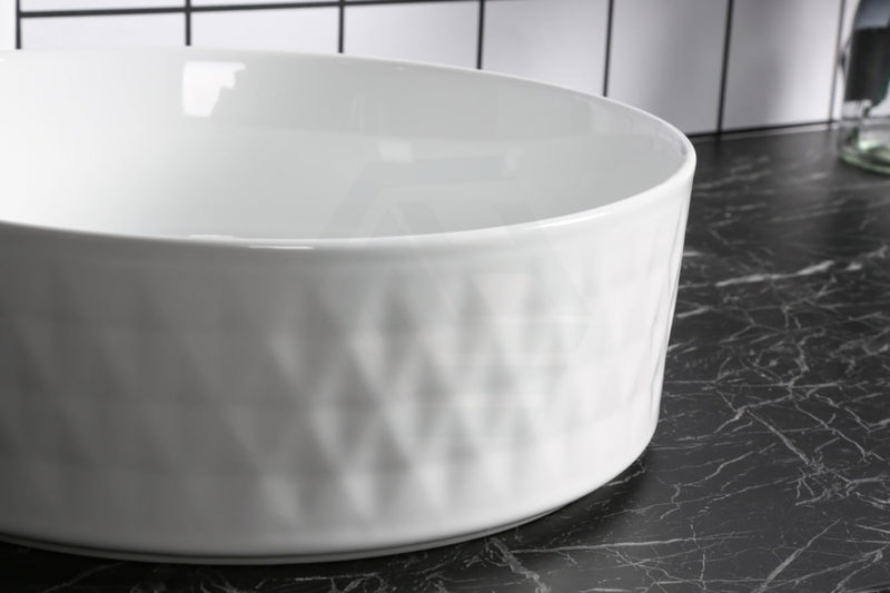 360X360X120Mm Above Counter Basin Gloss White Bathroom Round Ceramic Wash Lattice Pattern