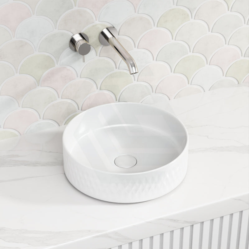 360X360X120Mm Above Counter Basin Gloss White Bathroom Round Ceramic Wash Lattice Pattern Basins