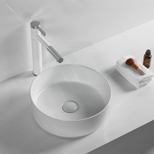360X360X120Mm Above Counter Basin Matt White Diagonal Pattern Bathroom Round Ceramic Wash