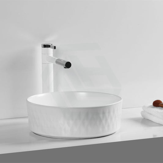 360X360X120Mm Above Counter Basin Matt White Lattice Pattern Bathroom Round Ceramic Wash Basins