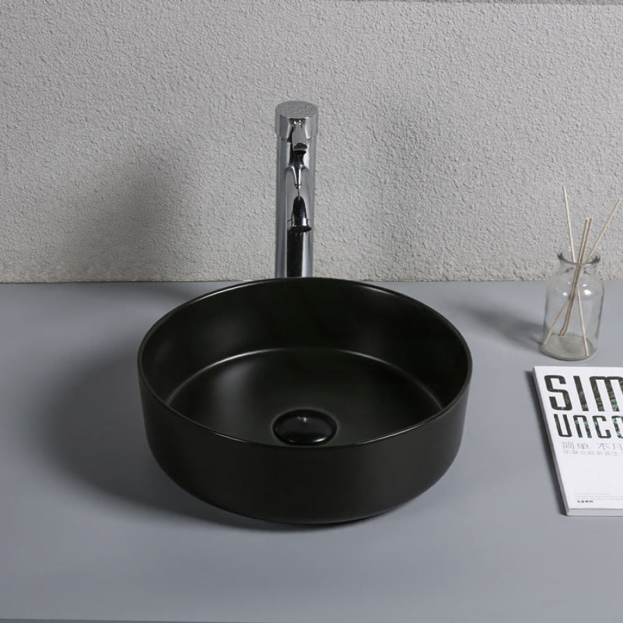 360X360X120Mm Round Above Counter Ceramic Basin Matt Black Surface For Bathroom