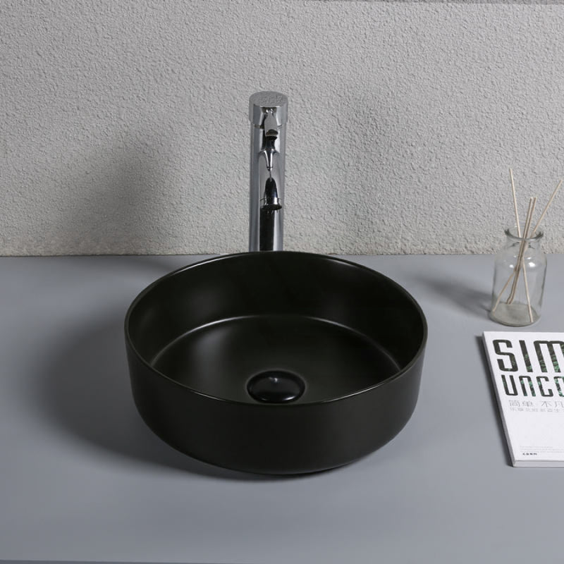 360X360X120Mm Round Above Counter Ceramic Basin Matt Black Surface For Bathroom
