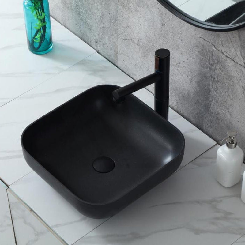 385X385X140Mm Bathroom Square Above Counter Basin Matt Black Surface Ceramic Wash No Tap Hole