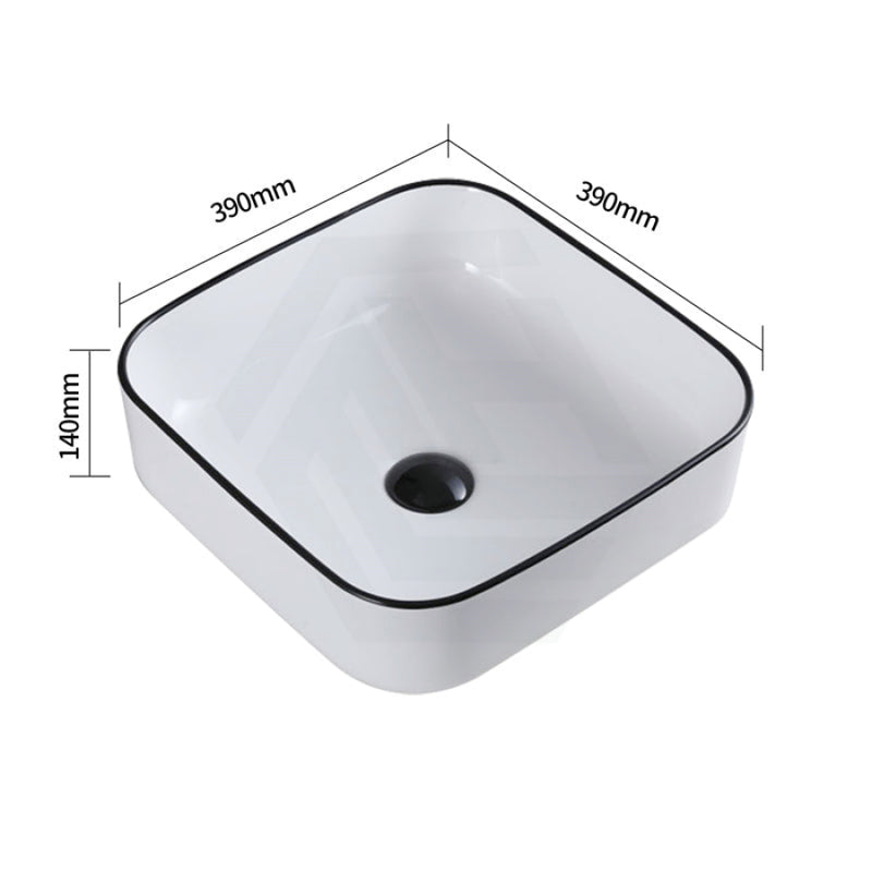 390X390X140Mm Square Above Counter Ceramic Wash Basin Gloss White With Black Rim