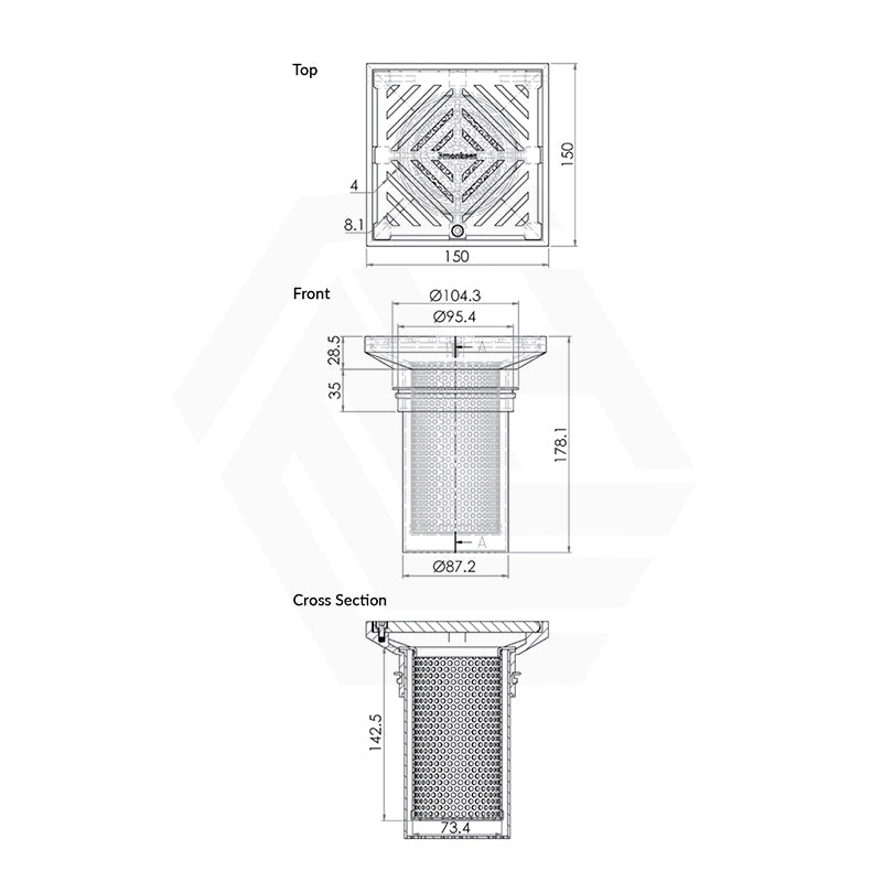3Monkeez 150mm Square Floor Waste Arrestor (suits 100mm pipe) (Heel Proof)