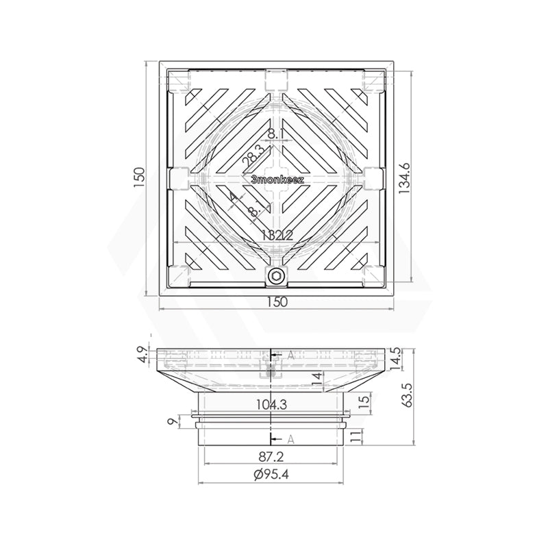 3Monkeez 150mm Square Stainless Steel Floor Waste (suits 100mm pipe) (Heel Proof)