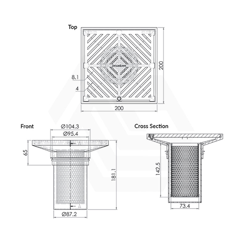 3Monkeez 200mm Square Stainless Steel Floor Waste Arrestor (suits 100mm pipe) (Heel Proof)