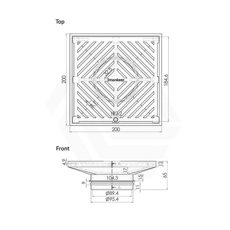 3Monkeez Stainless Steel 200mm Square Floor Waste (suits 100mm pipe) (Heel Proof)