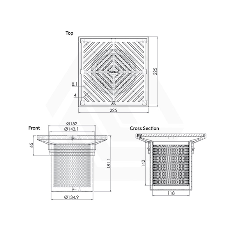3Monkeez 225mm Square Stainless Steel Floor Waste Arrestor (suits 150mm pipe) (Heel Proof)