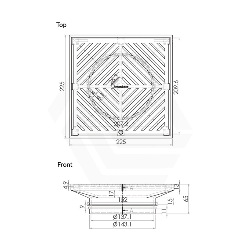 3Monkeez 225mm Square Stainless Steel Floor Waste (suits 150mm pipe) (Heel Proof)