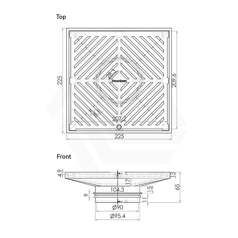 3Monkeez 225mm Stainless Steel Square Floor Waste (suits 100mm pipe) (Heel Proof)