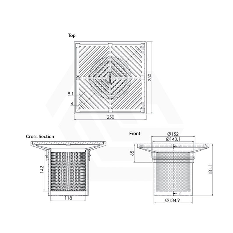 3Monkeez 250mm Square Stainless Steel Floor Waste Arrestor (suits 150mm pipe) (Heel Proof)
