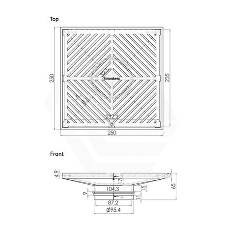 3Monkeez 250mm Square Stainless Steel Floor Waste (suits 100mm pipe) (Heel Proof)
