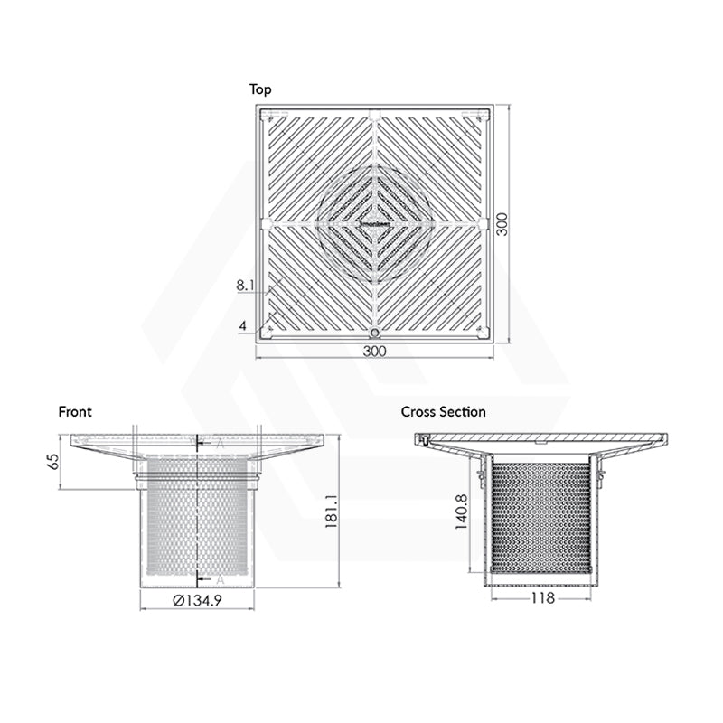 3Monkeez 300mm Square Stainless Steel Floor Waste Arrestor (suits 150mm pipe) (Heel Proof)