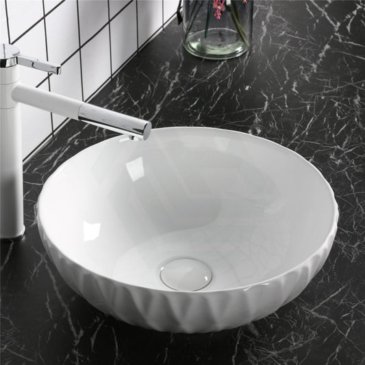 400X400X130Mm Above Counter Basin Gloss White Bathroom Round Ceramic Wash Diagonal Pattern