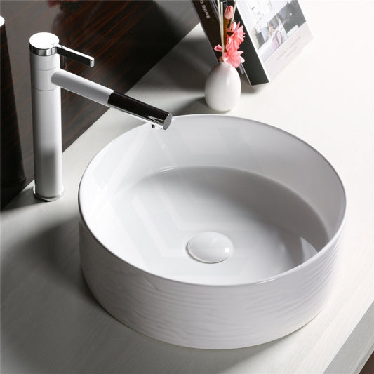 400X400X130Mm Above Counter Basin Gloss White Bathroom Round Ceramic Wash Stripe Pattern