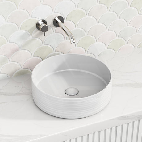 400X400X130Mm Above Counter Basin Gloss White Bathroom Round Ceramic Wash Stripe Pattern Basins