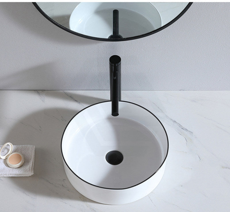 400Mm Above Counter Ceramic Basin Gloss White With Black Rim Bathroom Round Wash