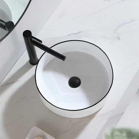 400Mm Above Counter Ceramic Basin Gloss White With Black Rim Bathroom Round Wash