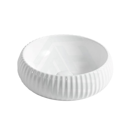 400X400X140Mm Round Bellevue Fluted Above Counter Basin Ceramic Gloss White Basins