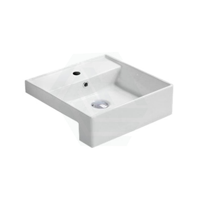 410X410X140Mm Square Gloss White Semi Recessed Ceramic Basin One Tap Hole