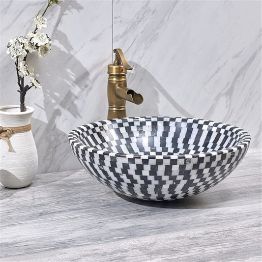 Above Counter Stone Basin Round Marble Mosaic Surface