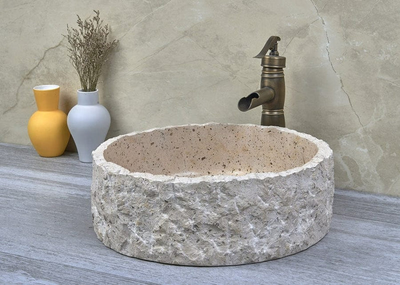 420X420X140Mm Above Counter Basin Marble Surface Bathroom Round Stone Wash Vintage Antique