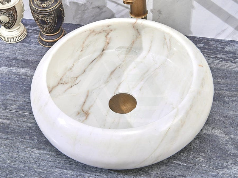 420X420X140Mm Above Counter Stone Basin Round White Marble Surface Bathroom Wash
