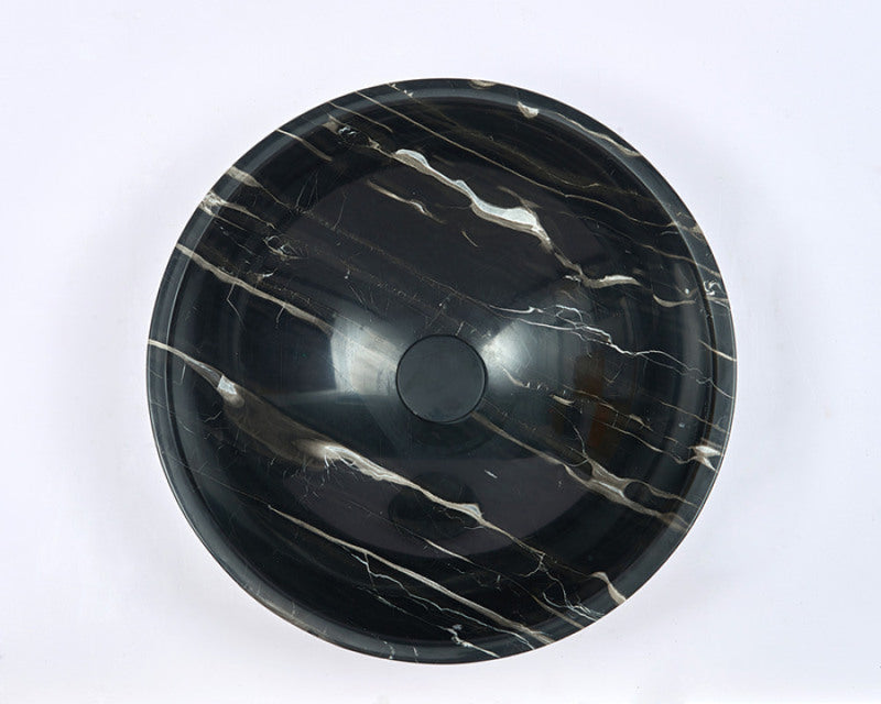 420X420X140Mm Gloss Black Marble Stone Wash Basin Nero Marquina Round