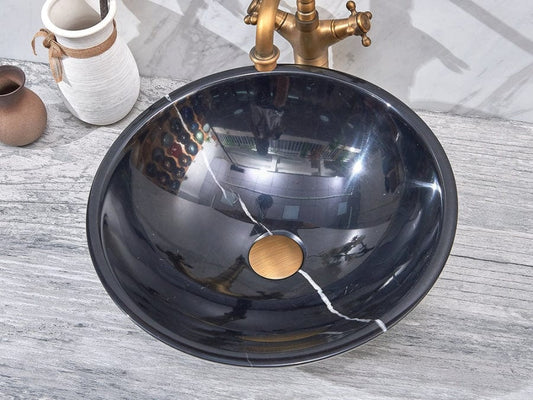 420X420X140Mm Round Above Counter Basin Gloss Black Marble Surface Bathroom Stone Wash