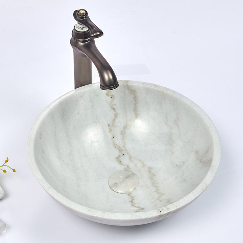 420X420X140Mm Round Above Counter Basin White Marble Surface Bathroom Stone Wash Basins