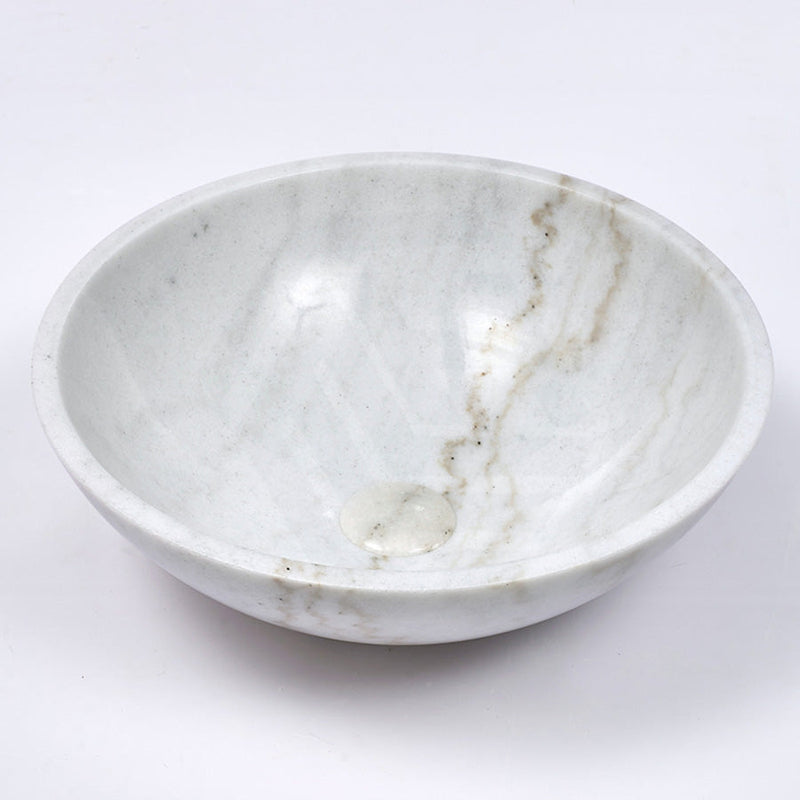 420X420X140Mm Round Above Counter Basin White Marble Surface Bathroom Stone Wash Basins