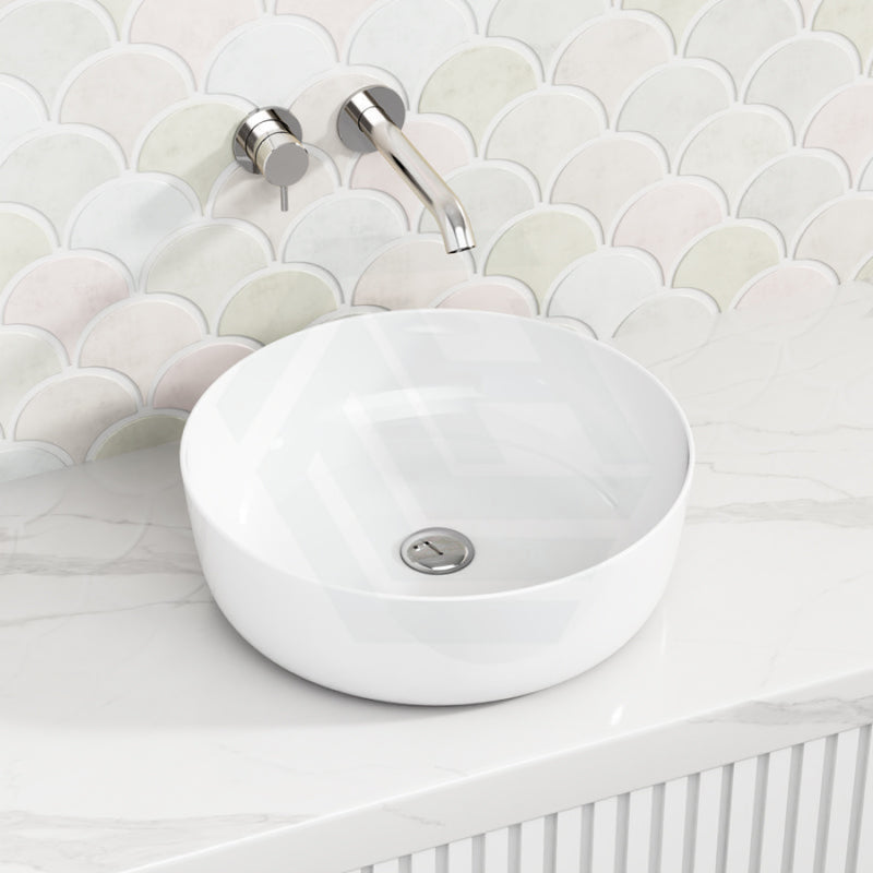 420X420X140Mm Round Gloss White Ceramic Above Counter Basin Wash Ultra Slim Basins