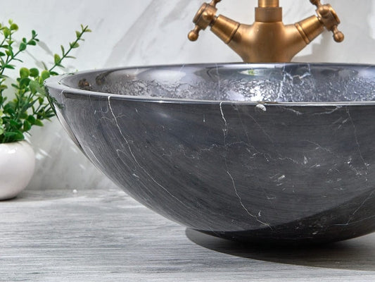 420X420X140Mm Stone Round Above Counter Basin Dark Marble Surface